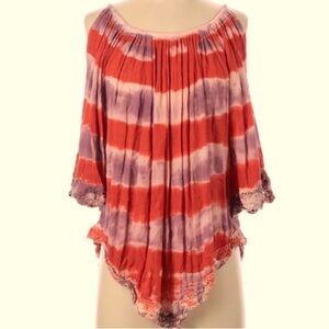 Fashion Fuse orange and purple tie dye cold shoulder half sleeve shirt.